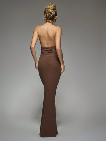 MISSGUIDED Embellished Cut-Out Cross Halter Neck Backless Flare Hem Maxi Dress