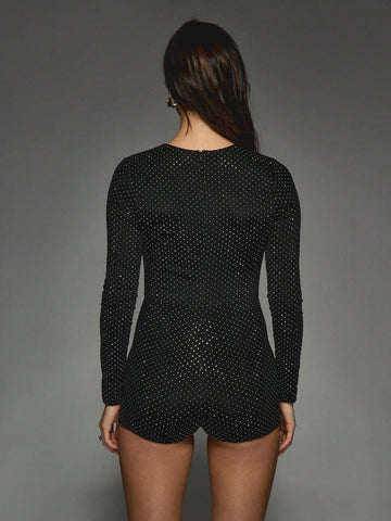 MISSGUIDED Embellished Long Sleeves Round Neck Short Unitard