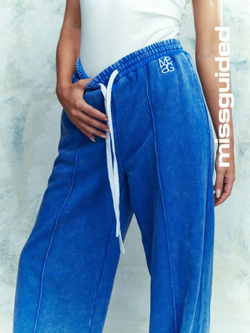 MISSGUIDED Embroidered Logo Denim Look Pleat Stitch WIde Leg Sweatpants With Drawstrings