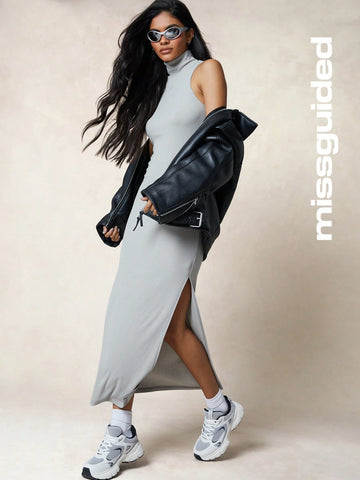 MISSGUIDED Embroidered Logo Ribbed Polo Neck Sleeveless Bodycon Maxi Dress