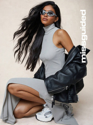 MISSGUIDED Embroidered Logo Ribbed Polo Neck Sleeveless Bodycon Maxi Dress
