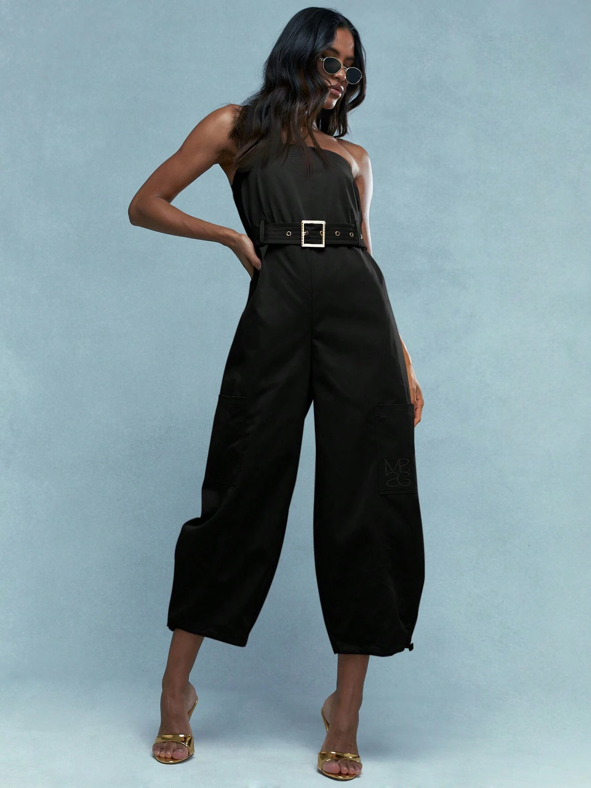 MISSGUIDED Embroidered Logo Zip Closure Bandeau Jumpsuit With Belt