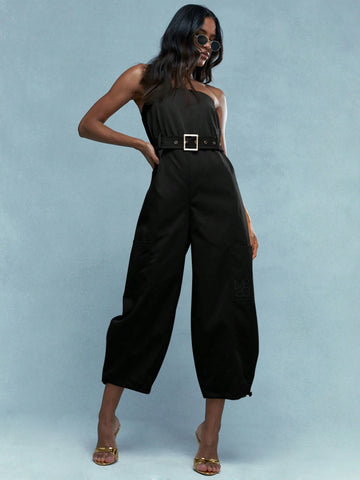 MISSGUIDED Embroidered Logo Zip Closure Bandeau Jumpsuit With Belt