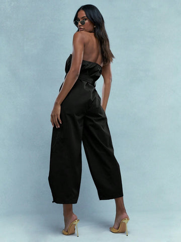 MISSGUIDED Embroidered Logo Zip Closure Bandeau Jumpsuit With Belt