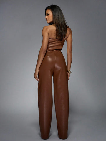 MISSGUIDED Faux Leather Wide Leg Bandeau Jumpsuit