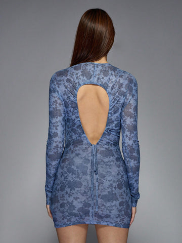 MISSGUIDED Floral Mesh Print Long Sleeves Bodycon Mini Dress