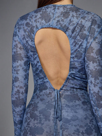 MISSGUIDED Floral Mesh Print Long Sleeves Bodycon Mini Dress