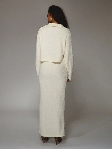 MISSGUIDED Fluffy Knit Collar Long Sleeves Top And Bodycon Maxi Skirt Two Piece Co Ord Set