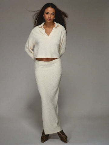 MISSGUIDED Fluffy Knit Collar Long Sleeves Top And Bodycon Maxi Skirt Two Piece Co Ord Set