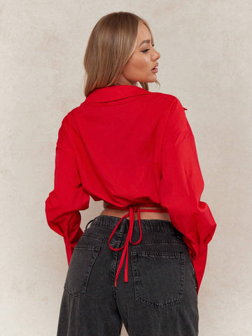 MISSGUIDED Gathered Hem Crop Long Sleeves Shirt WIth Drawcord