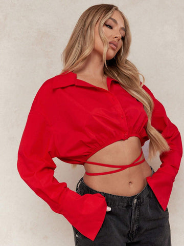 MISSGUIDED Gathered Hem Crop Long Sleeves Shirt WIth Drawcord