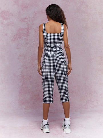 MISSGUIDED Gingham Print Tank Top & Capris Pants Co-Ord Set