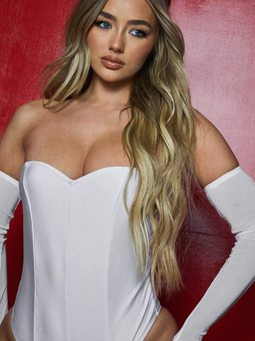 MISSGUIDED Halloween Satin Sweetheart Neckline Corset Bodysuit With Sheer Long Gloves