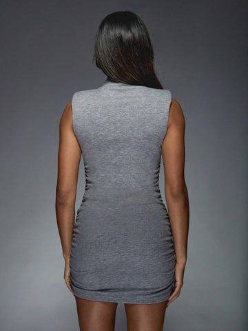 MISSGUIDED High Neck Shoulder Pad Ruched Heather Bodycon Mini Dress