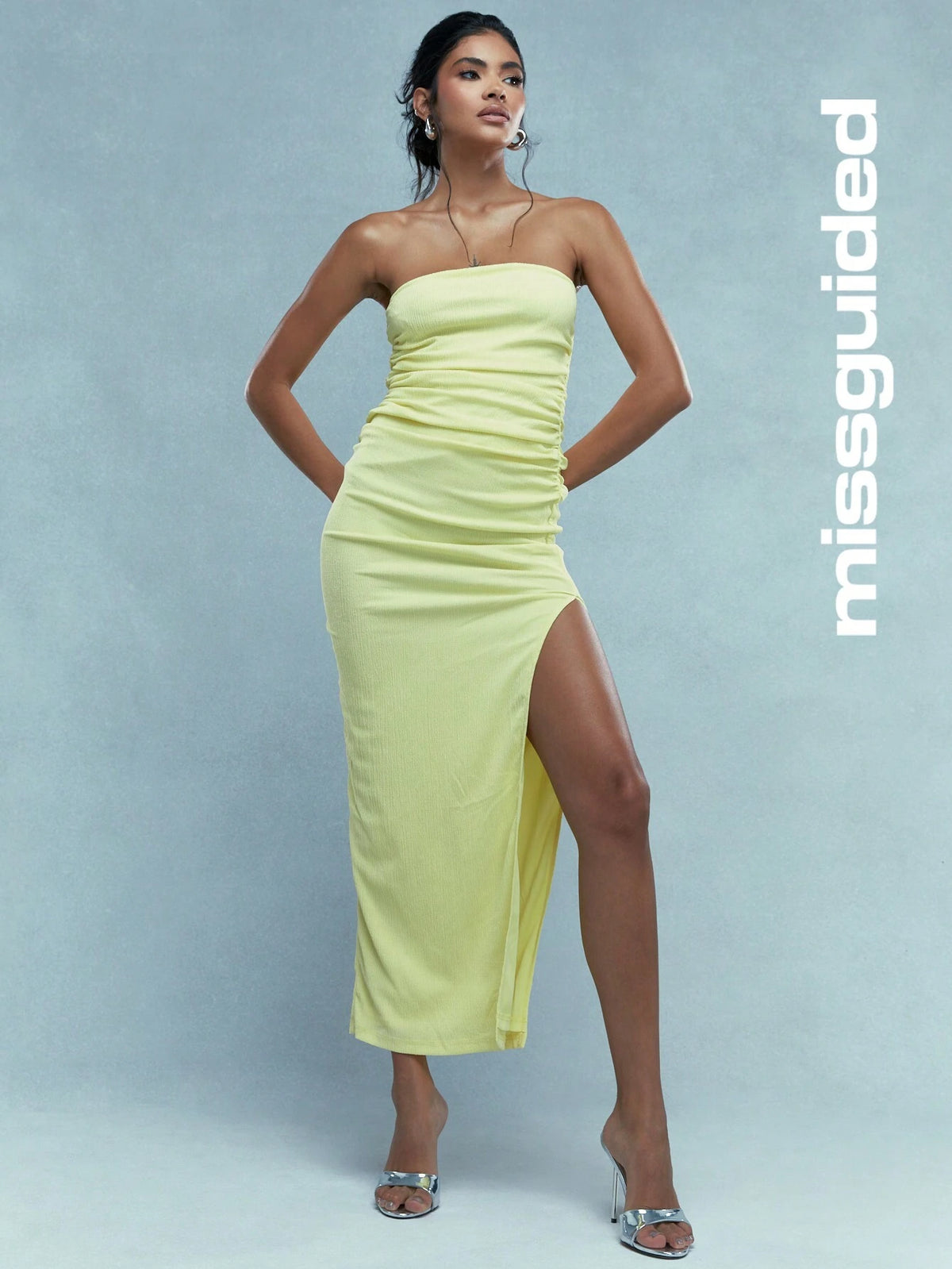MISSGUIDED Jersey Ruched Side Slit Bandeau Midi Dress