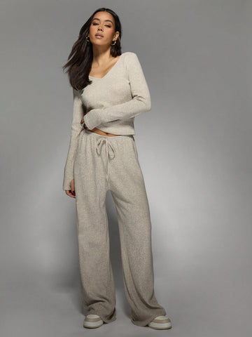 MISSGUIDED Knit Plunge Neck Long Sleeves Top And Wide Leg Trousers Two Piece Co Ord Set