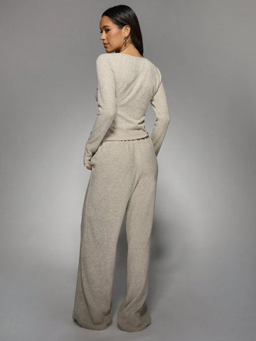 MISSGUIDED Knit Plunge Neck Long Sleeves Top And Wide Leg Trousers Two Piece Co Ord Set
