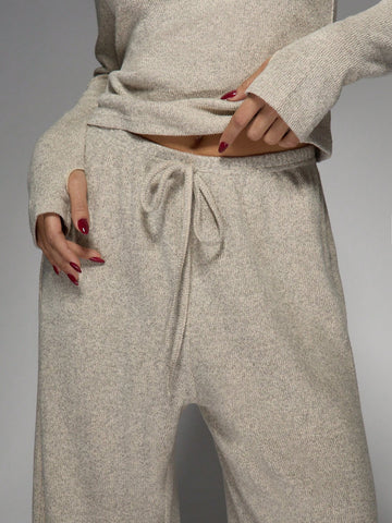 MISSGUIDED Knit Plunge Neck Long Sleeves Top And Wide Leg Trousers Two Piece Co Ord Set