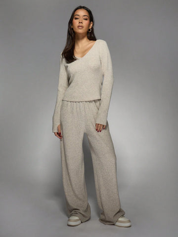 MISSGUIDED Knit Plunge Neck Long Sleeves Top And Wide Leg Trousers Two Piece Co Ord Set