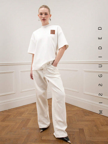 Logo Branding Patch Front Polo Neck Dropped Sleeve Oversized T Shirt