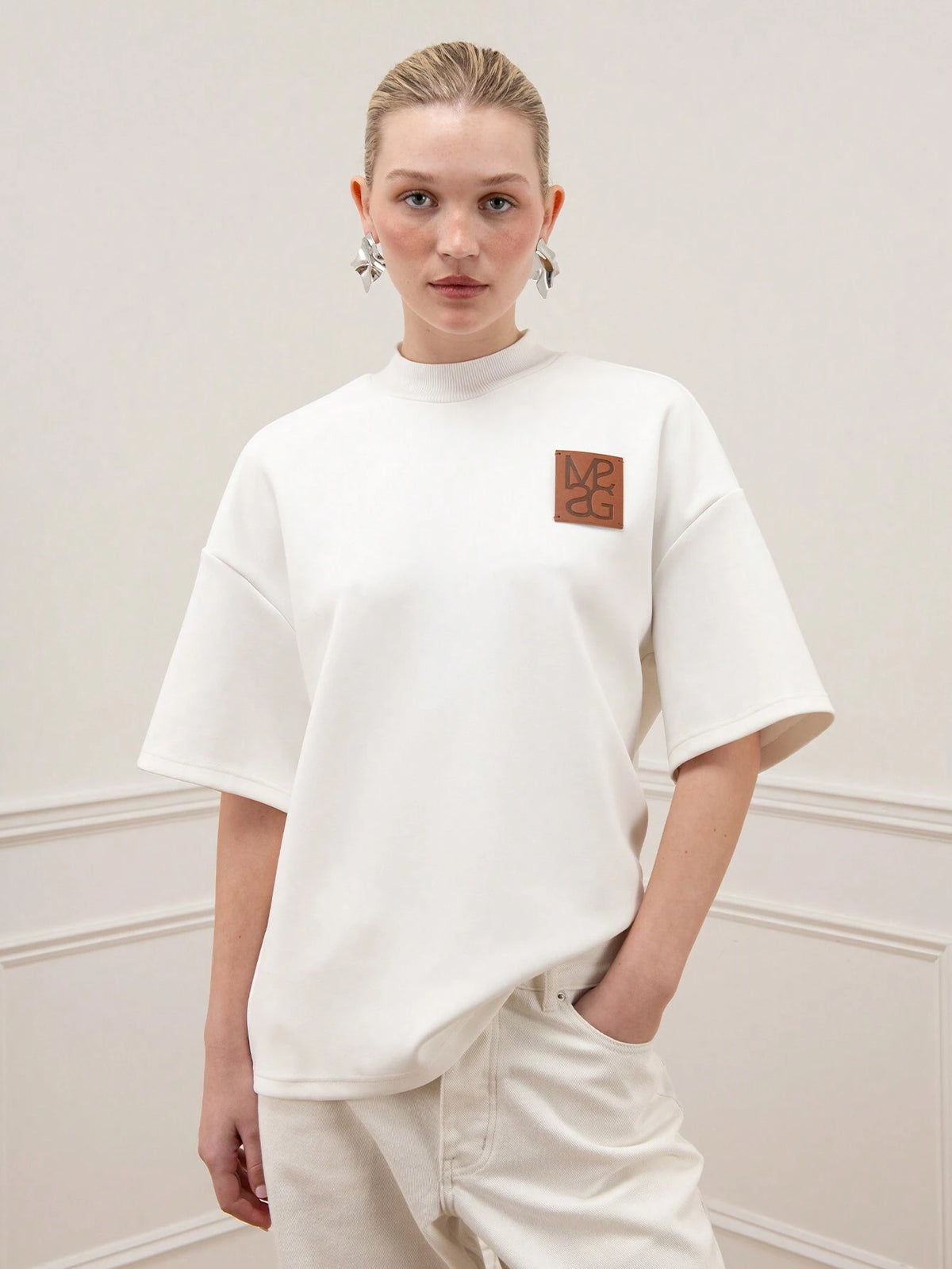 Logo Branding Patch Front Polo Neck Dropped Sleeve Oversized T Shirt