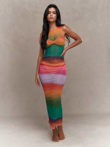 MISSGUIDED Mesh Knot Detailed Bust Printed Tank Maxi Dress