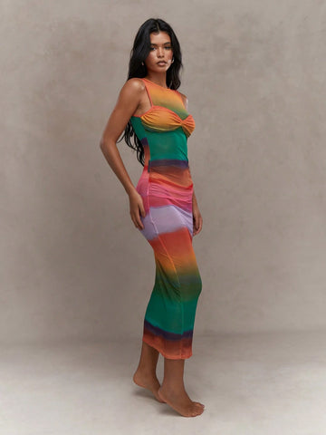 MISSGUIDED Mesh Knot Detailed Bust Printed Tank Maxi Dress