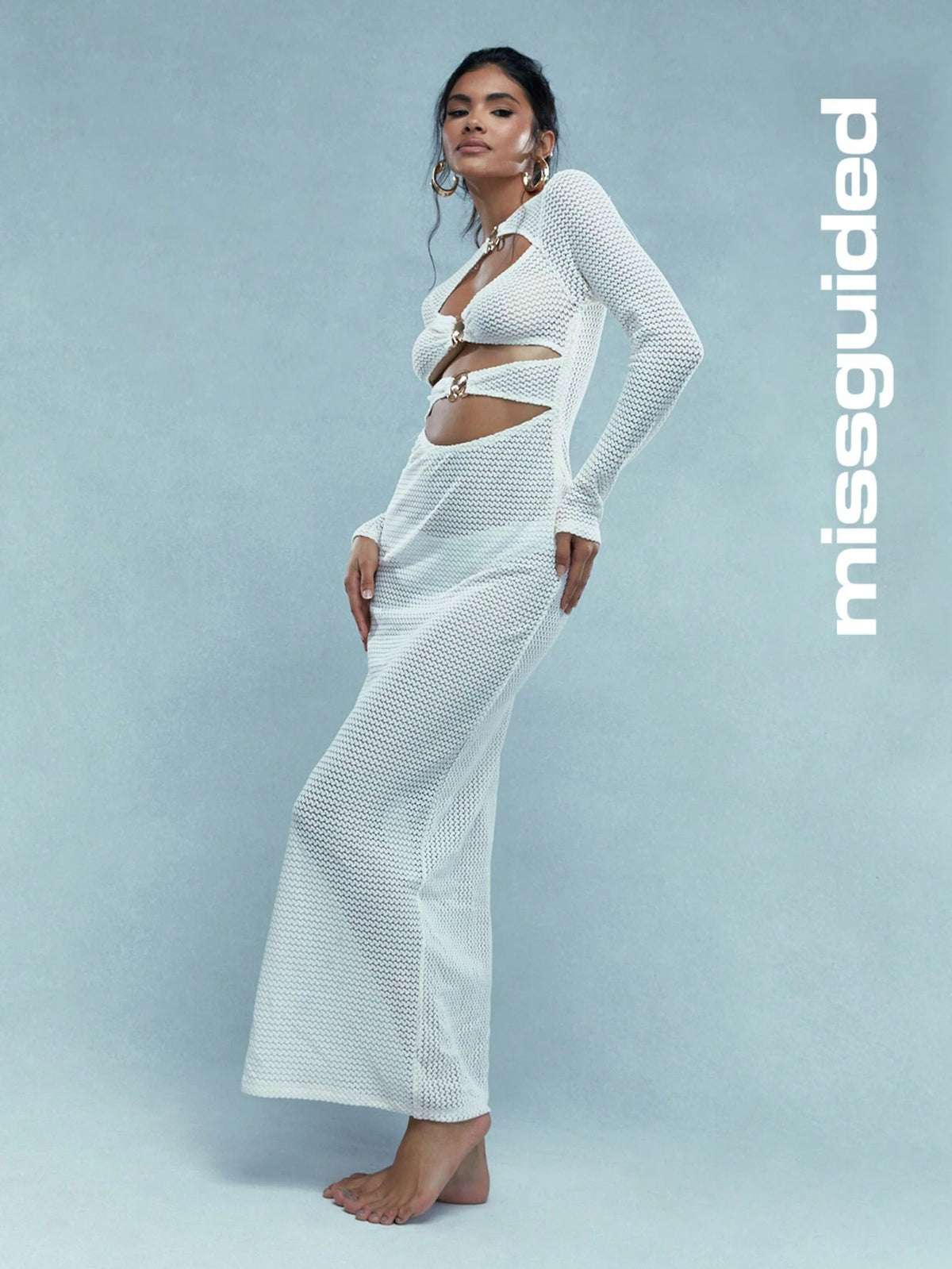 MISSGUIDED Metal Detail Sheer Lace Mesh Cut Out Maxi Dress