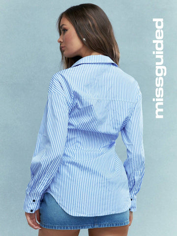 MISSGUIDED Metal Logo Label Tucked Waist Long Sleeve Long Shirt Blouse