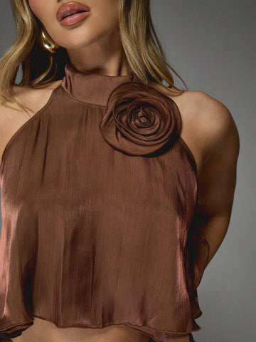 MISSGUIDED Metallic 3D Flower Detail High Halter Neck Layer Hem Top And Tiered Ruffle Mini Skirt Two Piece Co Ord Set