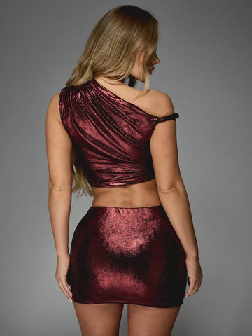 MISSGUIDED Metallic Lurex Asymmetric One Shoulder Twist Strap Top And Bodycon Mini Skirt Two Piece Co-Ord Set