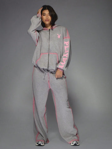 MISSGUIDED Missguided x Playboy Spray Effect Logo Oversized Sweatshirt And Wide Leg Sweatpants Two Piece Co Ord Tracksuit