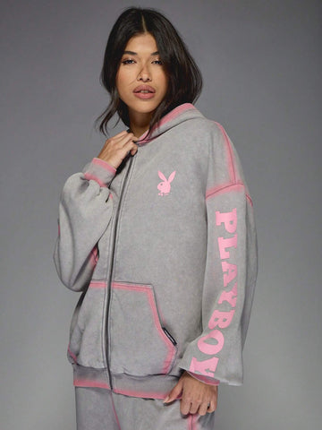 MISSGUIDED Missguided x Playboy Spray Effect Logo Oversized Sweatshirt And Wide Leg Sweatpants Two Piece Co Ord Tracksuit