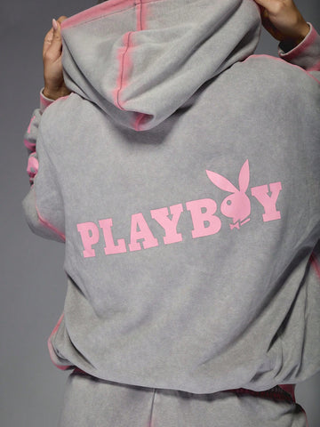 MISSGUIDED Missguided x Playboy Spray Effect Logo Oversized Sweatshirt And Wide Leg Sweatpants Two Piece Co Ord Tracksuit