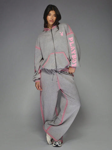 MISSGUIDED Missguided x Playboy Spray Effect Logo Oversized Sweatshirt And Wide Leg Sweatpants Two Piece Co Ord Tracksuit