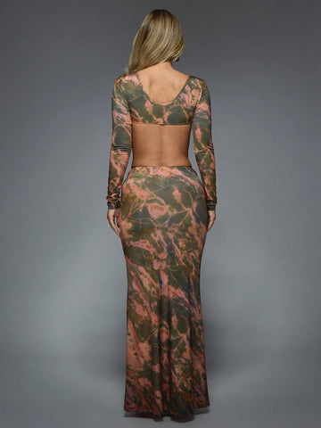 MISSGUIDED Printed Scoop Hem Long Sleeves Super Crop Top And Flare Hem Maxi Skirt Two Piece Co Ord Set