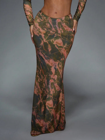 MISSGUIDED Printed Scoop Hem Long Sleeves Super Crop Top And Flare Hem Maxi Skirt Two Piece Co Ord Set