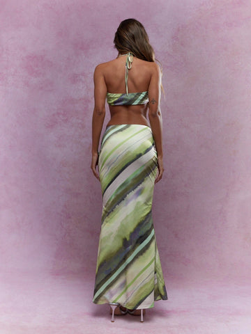 MISSGUIDED Printed Tulle Mesh Halter Neck Crop Top And Flare Hem Maxi Skirt Two Piece Co-Ord Set