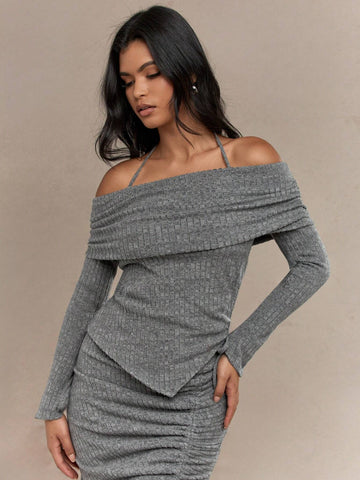 MISSGUIDED Rib Knit Asymmetric Hem Halter Neck Strap Off Shoulder Long Sleeves Top And Side Slit Ruched Maxi Skirt Two Piece Co-Ord Set