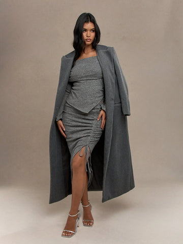 MISSGUIDED Rib Knit Asymmetric Hem Halter Neck Strap Off Shoulder Long Sleeves Top And Side Slit Ruched Maxi Skirt Two Piece Co-Ord Set