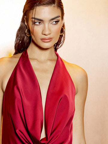 MISSGUIDED Satin Deep Cowl Halter Neck Bodycon Waist Backless Mini Dress