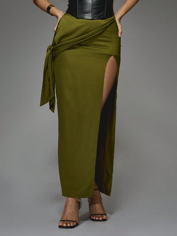 MISSGUIDED Satin Drape Waist Side Slit Maxi Skirt