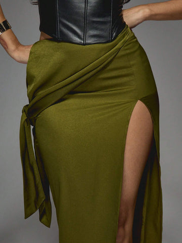 MISSGUIDED Satin Drape Waist Side Slit Maxi Skirt