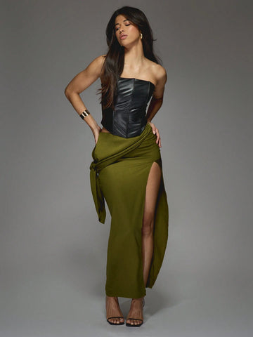 MISSGUIDED Satin Drape Waist Side Slit Maxi Skirt