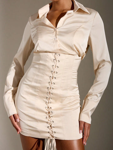 MISSGUIDED Satin Finish Full Sleeve Corset Shirt Dress