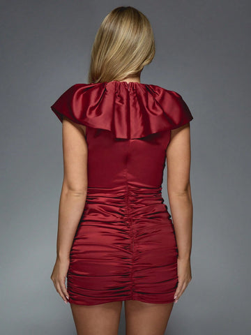 MISSGUIDED Satin Large Frill Plunge Deep Neck Ruched Bodycon Mini Dress