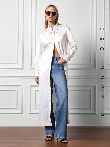 MISSGUIDED Satin Side Slit Shirt Maxi Dress