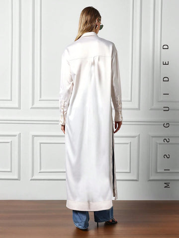 MISSGUIDED Satin Side Slit Shirt Maxi Dress