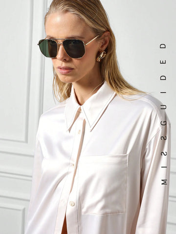 MISSGUIDED Satin Side Slit Shirt Maxi Dress