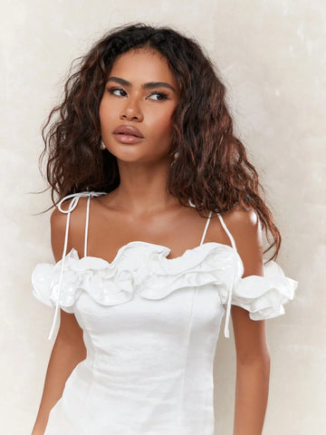 MISSGUIDED Satin Tie Detail Strap Ruffled Bandeau Slit Hem Bodycon Mini Dress